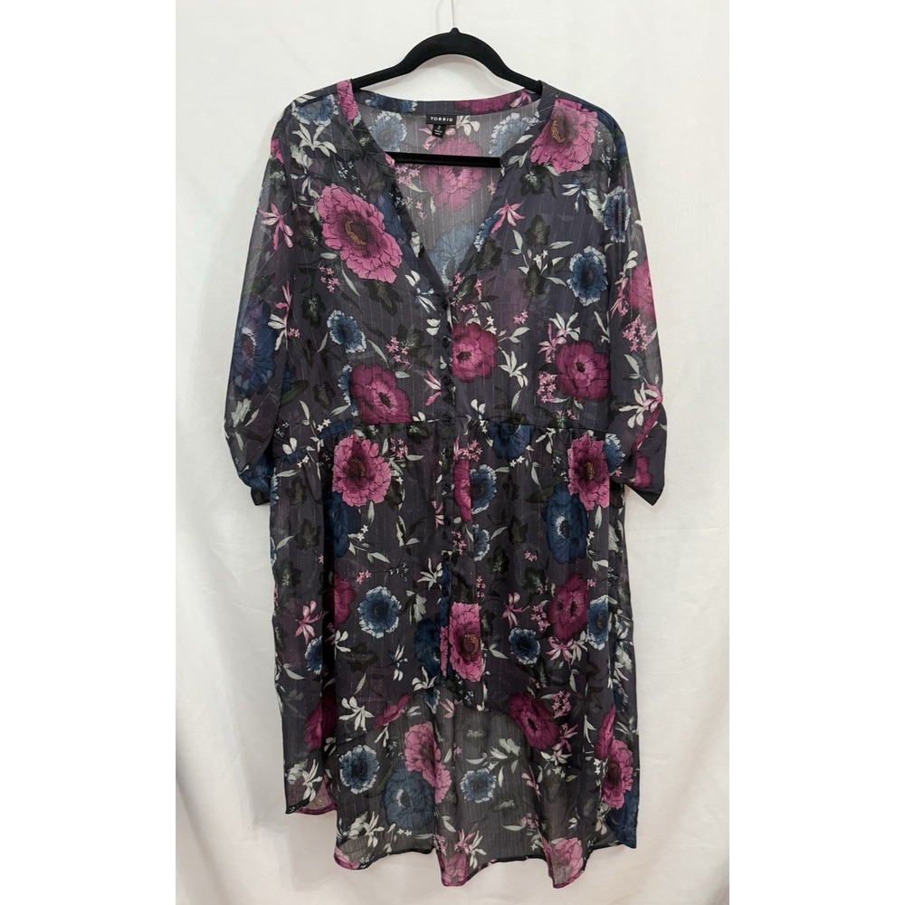 Torrid Chiffon Hi-Low Babydoll Navy Floral Sheer Tunic Blouse Women's 2X